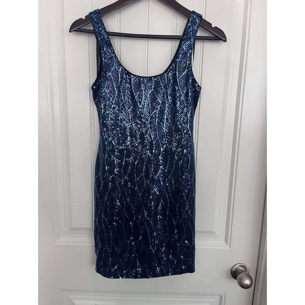 Lily‎ Rose Blue Peacock Sequin Sheath Dress Bodycon Scoop Neck Short Small 584